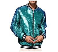 Cexiakong Men's Metallic Sequin Jacket with Zip Baseball Bomber Jacket for Halloween 70s 80s Party Dance Disco Metallic Shiny Glitter Hiphop Long Sleeve Biker Jacket Outwear Party, Green, M