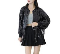 Cexiakong Men's Sparkling Sequin Jacket Shiny Glitter Tassels Fringe Sem Disco Jacket Sequin Edge Jacket Coat Y2K 90S Streetwear Glitter Sequins Jacket Hiphop Long Sleeve Bomber Jacket, black, One