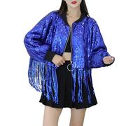 Cexiakong Men's Sparkling Sequin Jacket Shiny Glitter Tassels Fringe Sem Disco Jacket Sequin Edge Jacket Coat Y2K 90S Streetwear Glitter Sequins Jacket Hiphop Long Sleeve Bomber Jacket, blue, One Size