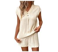 Cexiakong Muslin Pyjamas Women's Two-Piece Short Sleeve Blouse with Buttons Short Pyjamas Loungewear Linen Set V Neck Summer Non-Iron Leisure Leisure Baggy Airy, beige, M
