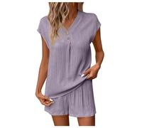 Cexiakong Muslin Pyjamas Women's Two-Piece Short Sleeve Blouse with Buttons Short Pyjamas Loungewear Linen Set V Neck Summer Non-Iron Leisure Leisure Baggy Airy, Purple, XL