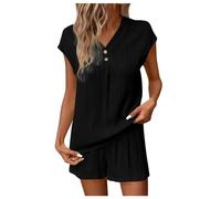 Cexiakong Muslin Pyjamas Women's Two-Piece Short Sleeve Blouse with Buttons Short Pyjamas Loungewear Linen Set V Neck Summer Non-Iron Leisure Leisure Baggy Airy, black, L