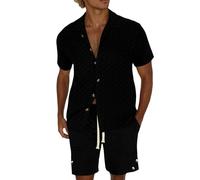 Cexiakong Shirt and Shorts Men's Set Suit Summer Light Short Button Down Short Sleeve Shirt Old Money Clothes Men 2-Piece Set Plain Beach Shirt Shorts Outfits Short Size Leisure Suit, A2 Black, 3XL