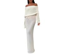 Cexiakong Women's Winter Off Shoulder Bodycon Pullover Dress Formal Long Sleeve Elegant Cocktail Party Midi Maxi Dresses Shoulderless Long Sleeve Knitted Dress Made of Mesh Fabric, White, L