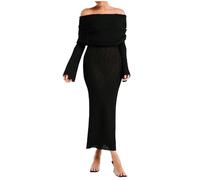 Cexiakong Women's Winter Off Shoulder Bodycon Pullover Dress Formal Long Sleeve Elegant Cocktail Party Midi Maxi Dresses Shoulderless Long Sleeve Knitted Dress Made of Mesh Fabric, black, M