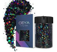 Ceya Holographic Chunky Glitter, 4.9oz/ 140g Black Craft Glitter Powder Mixed Chunky Fine Flakes Iridescent Nail Sequins for Nail Art, Hair, Epoxy Resin, Tumblers, Slime, Painting, Festival Decor