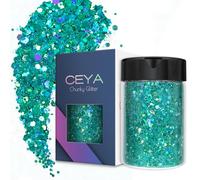 Ceya Holographic Chunky Glitter, 4.9oz/ 140g Cyan Craft Glitter Powder Mixed Fine Flakes Iridescent Nail Sequins for Nail Art, Hair, Epoxy Resin, Tumblers, Slime, Painting, Festival Decor