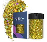 Ceya Holographic Chunky Glitter, 4.9oz/ 140g Cyan Gold Craft Glitter Powder Mixed Fine Flakes Iridescent Nail Sequins for Nail Art, Hair, Epoxy Resin, Tumblers, Slime, Painting, Festival Decor