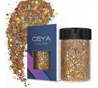 Ceya Holographic Chunky Glitter, 4.9oz/ 140g Gold Craft Glitter Powder Mixed Chunky & Fine Flakes Iridescent Nail Sequins for Nail Art, Hair, Epoxy Resin, Tumblers, Slime, Painting, Festival Decor