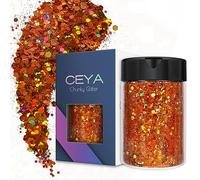 Ceya Holographic Chunky Glitter, 4.9oz/ 140g Orange Craft Glitter Powder Mixed Chunky & Fine Flakes Iridescent Nail Sequins for Nail Art, Hair, Epoxy Resin, Tumblers, Slime, Painting, Festival Decor