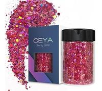 Ceya Holographic Chunky Glitter 4.9oz/ 140g Rose Red Craft Glitter Powder Mixed Chunky Fine Flakes Iridescent Nail Sequins Fe for Nail Art, Hair, Epoxy Resin, Tumblers, Slime, Painting, Festival Decor