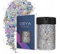 Ceya Holographic Chunky Glitter, 4.9oz/ 140g Silver Craft Glitter Powder Mixed Chunky Fine Flakes Iridescent Nail Sequins for Nail Art, Hair, Epoxy Resin, Tumblers, Slime, Painting, Festival Decor