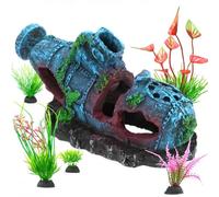 CEYAZYE 6Pcs Fish Tank Decorations Set, Realistic Artificial Simulation Aquarium Shipwreck Ornaments, 5 Aquatic Plants & 1 Small Submarine with Cave Hideouts Tank Accessories for Fish Play and Rest