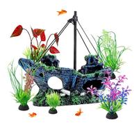 CEYAZYE 6Pcs Fish Tank Decorations Set, Realistic Pirate Shipwreck Aquarium Decor, 1 Resin Sunken Boat Ornament with Cave Hideouts & 5 Aquatic Plants, Tank Accessories for Fish Breed Play and Rest
