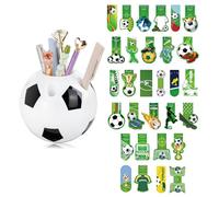 CEYAZYE Soccer Ball Pen Holder for Desk with 30Pack Bookmarks, Desktop Pencil Organizer Container, Cute Creative Table Football Storage Accessories for Home Office Classroom