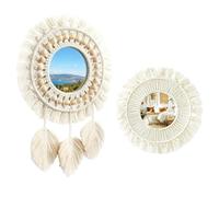 CeyKvo Pack of 2 Wall Hanging Decorative Mirror with Woven Fringe Ivory White Boho Round Wall Mirror for Home Bedroom Living Room Decor