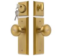 CEYMIO Vintage Passage Door Knob & Separate Single Cylinder Deadbolt Lock Set in Antique Brass - Keyed Entry Lock for Exterior/Interior Doors with Non-Locking Handles, Solid Metal Combo Pack