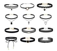 CEYOME 12 Pcs Black Necklaces for Women, Adjustable Layered Velvet Choker Set, Classic Gothic Style Lace Chokers for Halloween Cosplay Gift for Women & Girls