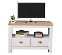 CF Furniture Corner 2 Drawers TV Unit with Shelf,TV Cabinet Storage Living Room White,Entertainment Small Sideboard for TV Modern Style- White+Oak,85x39x58cm/33.46x15.35x22.83inch