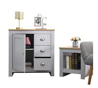 CF Furniture Living Room 2 Piece Set Corona Side Lamp Table 1 Door 3 Drawer Sideboard Free Standing Storage Cabinet Modern Simple Practical Grey+Oak,Lounge Table