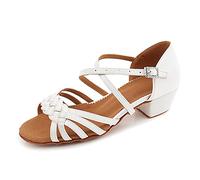 CFASDF Girls Latin Dance Shoe Satin Salsa Ballroom Low Heel Practice Dance Shoes Soft Bottom Cha Cha Dance White Comfortable (Color : Whitea1, Size : 2 UK)