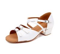 CFASDF Girls Latin Dance Shoe Satin Salsa Ballroom Low Heel Practice Dance Shoes Soft Bottom Cha Cha Dance White Comfortable (Color : Double White, Size : 7 UK Child)