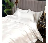 CFDZCP Luxury Mulberry Silk Sheets 4 Piece, 1 Silk Duvet Cover, 1 Flat Bed Sheet And 2 Pillowcases, Full Size Silk Bedding Set Soft All Season Duvet Set(White,Queen Size 3pcs)