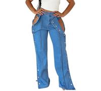 cffvdiz Blue,M, Women's High Waist Straight Leg Jeans Sexy Double Side Button Closure Wide Leg Denim Pants