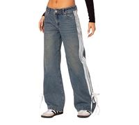 cffvdiz Blue,S, Women's Mid Waist Baggy Straight Leg Jeans Side Stripe Loose Wide Leg Denim Pants