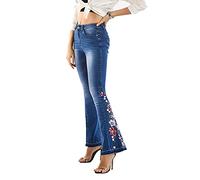 cffvdiz Bootcut Jeans for Women High Waist Floral Embroidered Stretch Wide Leg Denim Pants,Blue,XXL