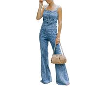 cffvdiz Denim Jumpsuit for Women Sexy Sleeveless Button Down Tank Tops Bell Bottom Jeans Pants Slim Fit Jumpsuit Rompers,Blue,S