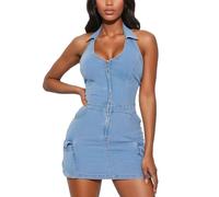 cffvdiz Women's Denim Bodycon Dress Sexy Neckline Sleeveless Mini Jean Dresses with Pockets,Light Blue,M