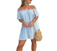 cffvdiz Women's Frayed Off Shoulder Denim Dress Sexy Round Neck Short Sleeve Front Button Short Jean Dresses,Light Blue,L