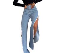 cffvdiz Womens High Waist Double Side Split Wide Leg Jeans Sexy Exposed Leg Wide Leg Denim Pants,Light Blue,M