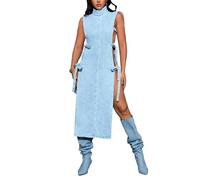 cffvdiz Women's Sexy Denim Dress High Neck Side Tie Cutout Sleeveless Denim Tunic Maxi Jean Dress,Light Blue,XXL