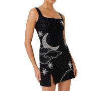 cffvdiz Women's Sexy Halter Corset Mini Dress Summer Sleeveless Embroidered Printed Split Hem Short Dress,Black,M