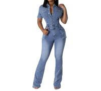 cffvdiz Women's Sexy Slim Denim Jumpsuit Short Sleeve Button Down Stretch Jean Wide Leg Rompers,Blue,XXL