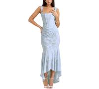 cffvdiz Women's Sexy Square Neck Corset Halter Fishtail Long Dresses Sleeveless Slim Wrap Hip Bodycon Maxi Dress,Blue,S