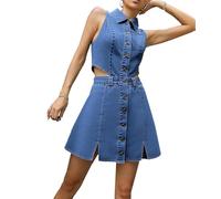 cffvdiz Women's Summer Button Up Sleeveless Denim Dress Sexy Backless Jean Skirt Split Hem Bodycon Mini Dress,Blue,M