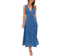 cffvdiz Women's Summer Sleeveless Maxi Denim Dress Sexy Deep V-Neck Slim Bodycon Long Jean Dresses,Blue,L