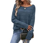 CFLHN Women's Jumper Sweater Soft Boat Neck Drop Shoulder Hollow Out Sweater Pullover Crochet Tops for Fall, Dark Blue, Large