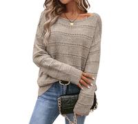 CFLHN Women's Sweater Soft Boat Neck Drop Shoulder Hollow Out Sweater Pullover Crochet Tops for Fall, Dark Apricot, XL