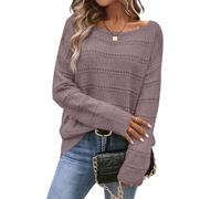 CFLHN Women's Sweater Soft Boat Neck Drop Shoulder Hollow Out Sweater Pullover Crochet Tops for Fall, Dust Pink, Medium