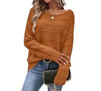 CFLHN Women's Sweater Soft Boat Neck Drop Shoulder Hollow Out Sweater Pullover Crochet Tops for Fall, Caramel, Large