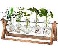cfmour Plant Terrarium with Wooden Stand, Desktop Propagation Stations Glass Air Planter Metal Swivel Holder for Indoor Live Hydroponics Plants Office Home Garden Decor (5 Bulb Vase)