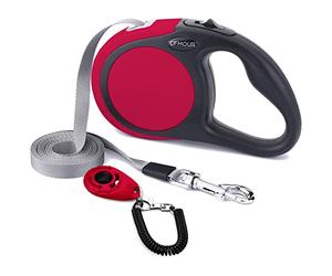 CFMOUR Retractable Dog Lead, 5m/50kg Red Heavy-Duty Extendable Dog Leads for Medium to Large Dogs; Strong Nylon Tape Ribbon Leash, One-Button Brake&Lock, Bonus Training Clicker