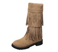 cfpqv Mid-Height Women's Boots Fringe Cowboy Boots Suede Middle Tube Boots Winter Warm Women's Boots Pointed Flat Winter Boots Outdoor Windproof Cowboy Western Boots Non-Slip Winter Boots, khaki, 5 UK
