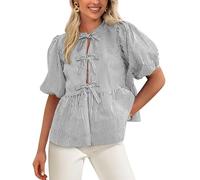 CFWEWW Women's Tie Front Striped Shirt Summer Trendy Fashion Cute Babydoll Tops Peplum Puffy Sleeve Blouse(Black,S)