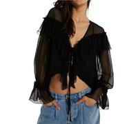 CFWEWW Womens Tie Front Top Sheer Tops and Blouses Long Sleeve Peplum Lace Trim Chiffon Shirt V Neck Beach Clothes(Black,S)