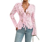 CFWEWW Women's V Neck Lace Sheer Top Sexy Mesh See Through Shirts Open Front Tie Long Sleeve Blouses Going Out Tops(Pink,L)
